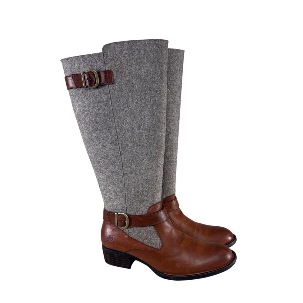 Born Tall Wool Leather Riding Boots Womens 9.5 Gray Brown Buckle